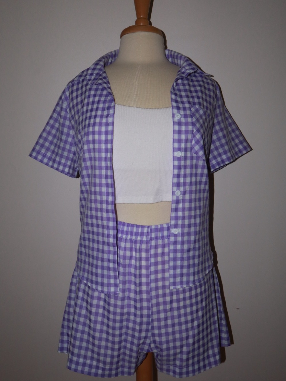 Purple Gingham Button-Down Shirt & Shorts Set